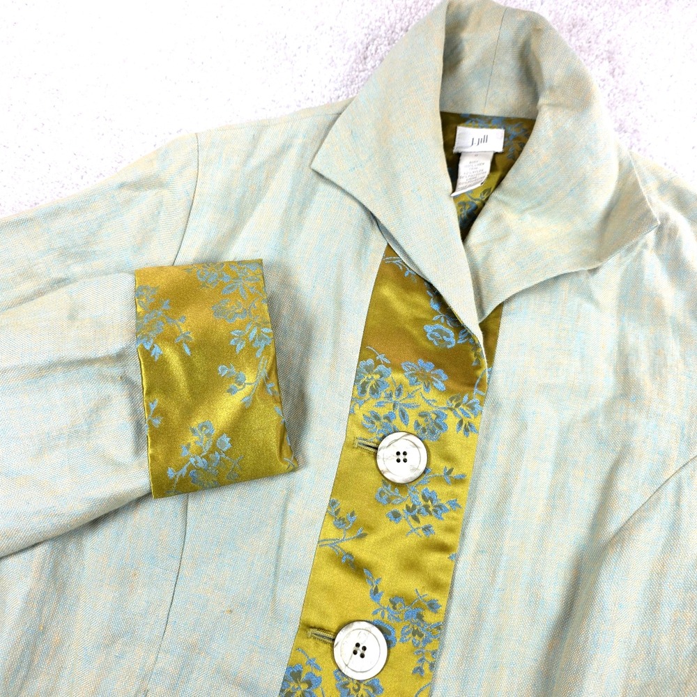 J. Jill Blazer Womens S Green Floral Trim Linen Long Sleeve Button Front Classic